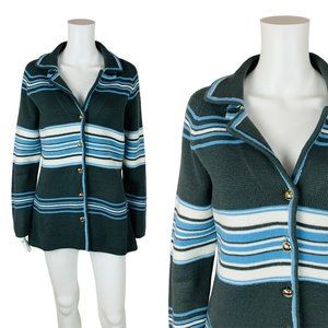 Vintage 70s Striped Sweater Jacket Blue Moss Green Acrylic Knit Cardigan B 42"
